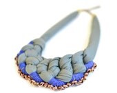 Olivegreen Fabric Bib, Grey-Green Crochet Collier, Royalblue  Yarn and Oxidised Chain