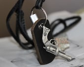 gun necklace,leather necklace,unisex necklace,men necklace,punk style necklace,vintage necklace,cool necklace,handmade necklace, hip hop nec