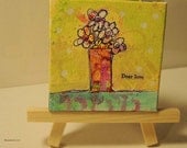 Original Mixed Media Bright Colorful Green  3 x 3 Mini Canvas Flowers Love