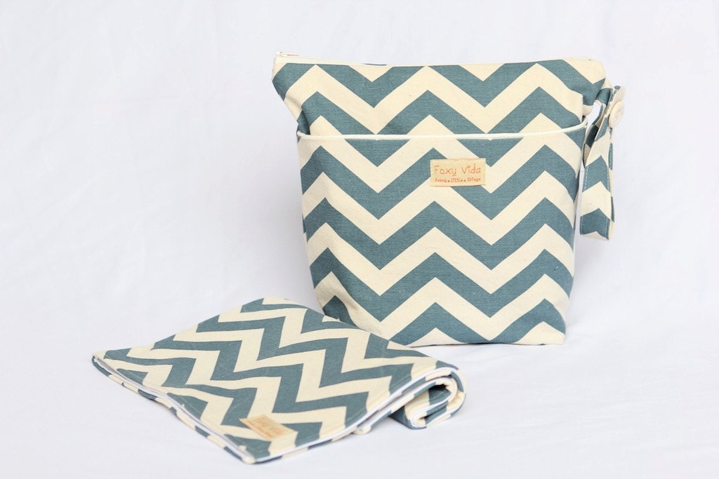 FREE SHIPPING - Wet Bag Set With Dry Pocket and Changing Pad Denim Natural Chevron