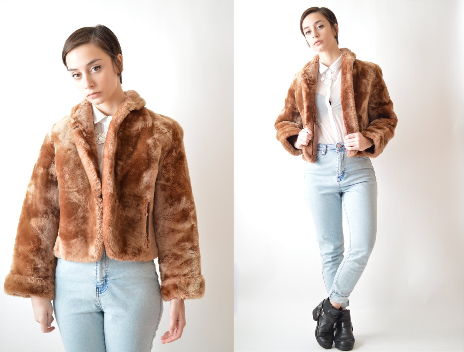 Vintage 80's Brown Faux Fur Cropped Coat Size Small