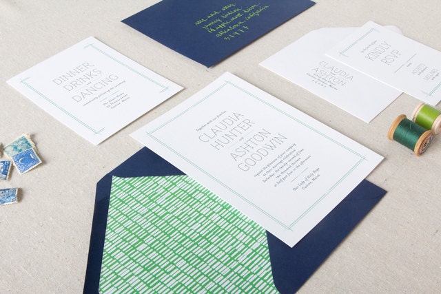 Elliot Wedding Invitation in Navy and Green - SAMPLE - Classic, Preppy Wedding Invitation - Nautical, Letterpress Wedding