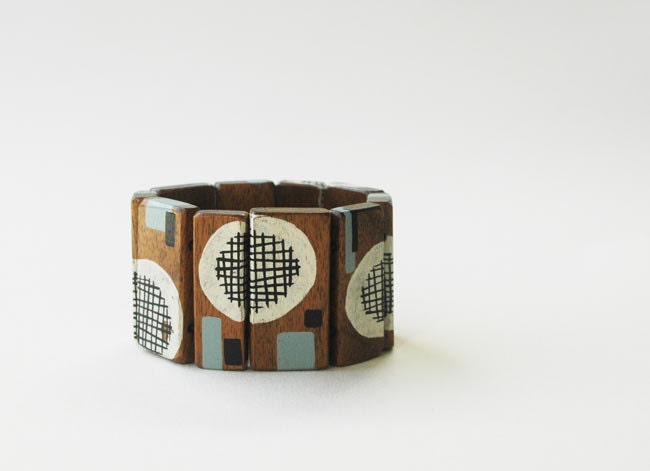 Walnut Wood Bracelet Black and White Statement  Bracelet  Geometric Bracelet Jewelry
