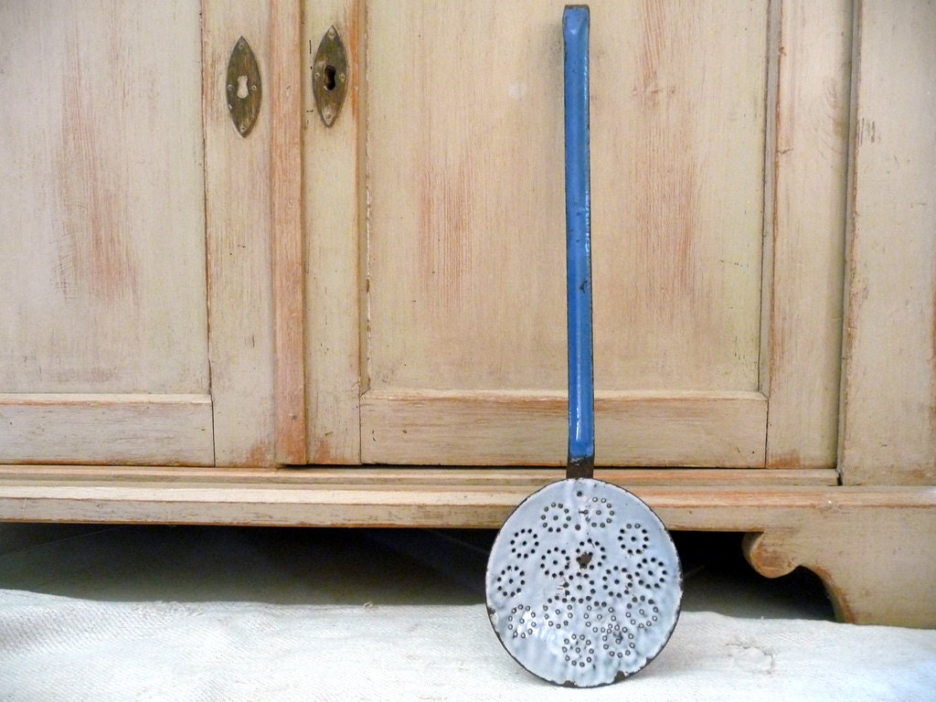 Vintage Enamel Spoon Strainer Ladle Utensil European Blue White French Cottage Chic Graniteware