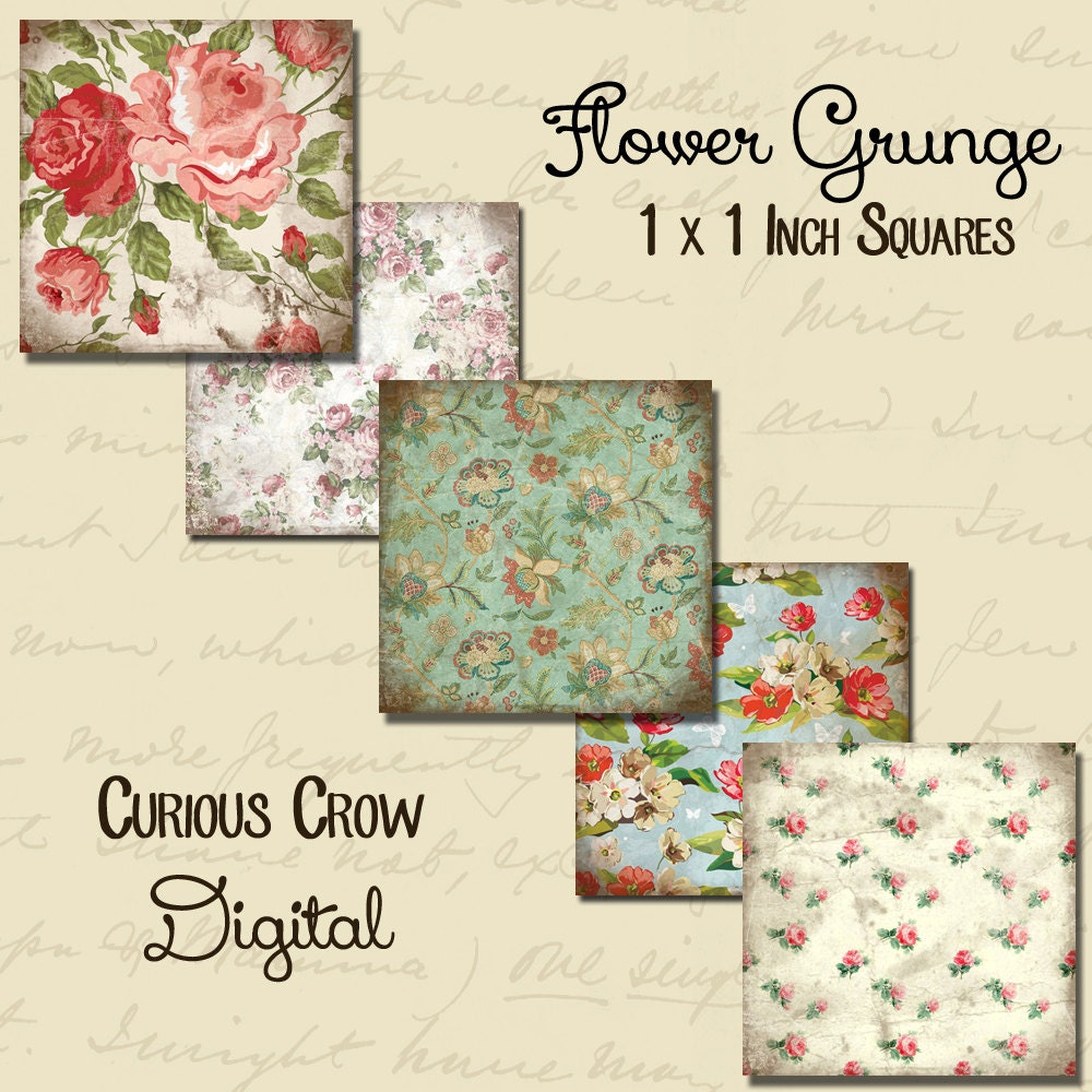 Grungy Flowers 1 x 1 Inche Square Digital Collage Sheet - Printable Download Jewelry, Pendants, Charms