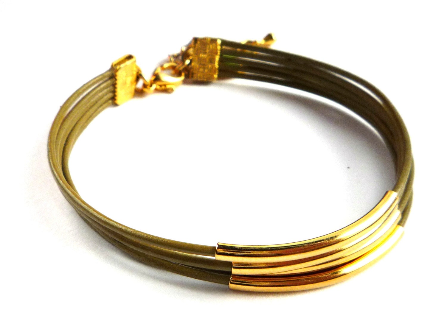 Green Leather Bracelet with 5 Golden tubes. gray green leather jewelry.