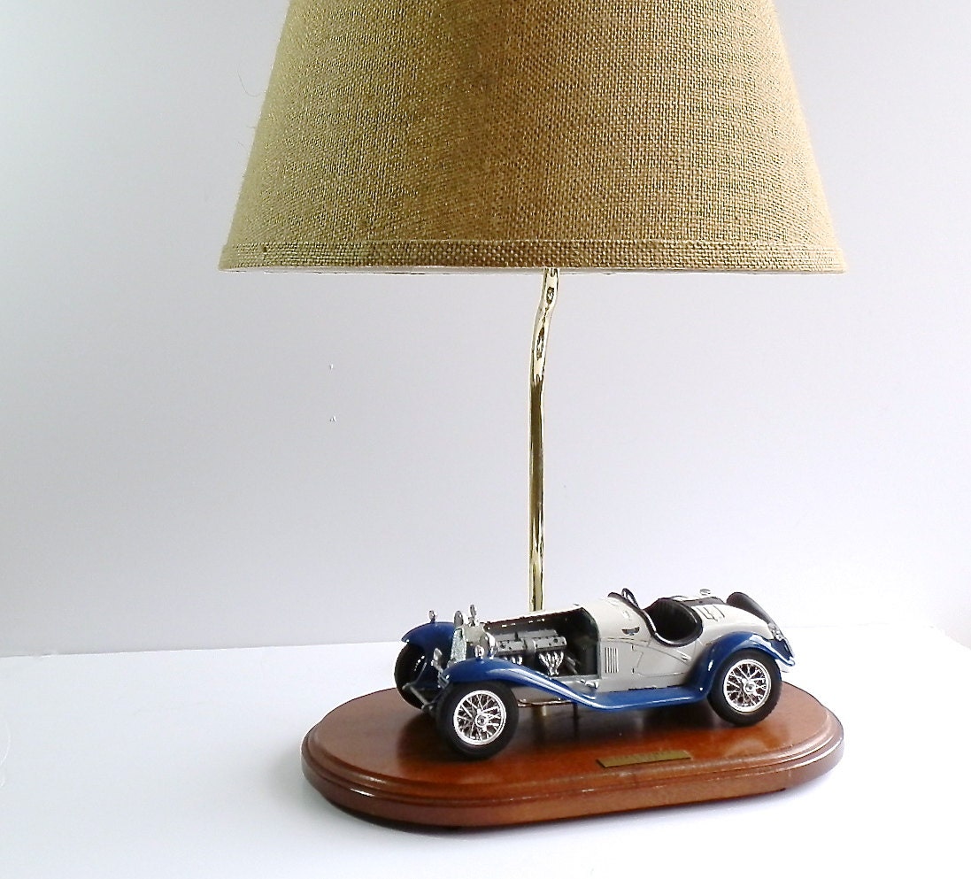 Vintage Large Desk Lamp 1923 Alfa Romeo Model Car Fathers Day Wooden Base Burlap Shade