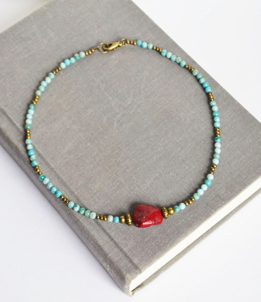 Red Turquoise Stone Necklace, Blue Agate Stones and Turquoise Center Stone Necklace, Blue and Red Jewelry, Beach Summertime Necklace