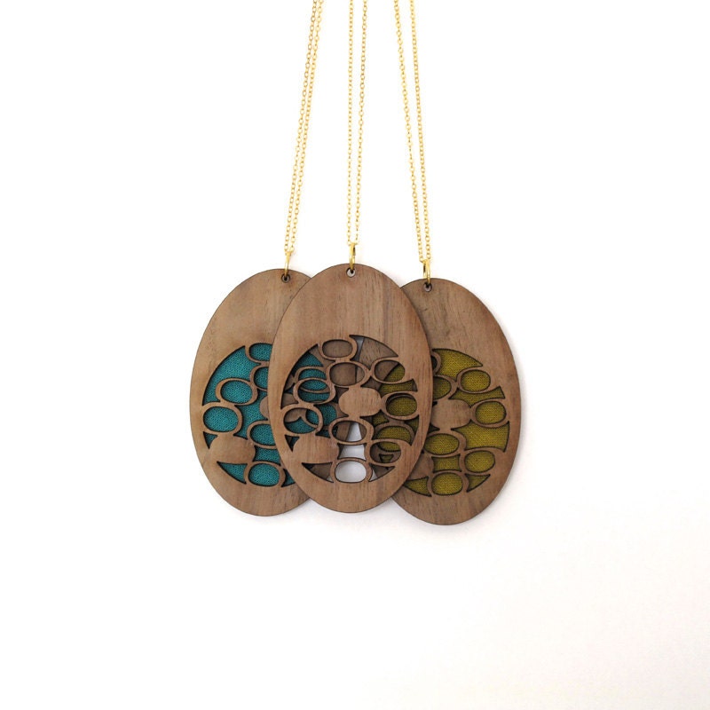 Oversized Wood Cut Pendant from Walnut wood with Turquoise Fabric