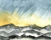 Original watercolor Mountains art painting Home decor Grey Yellow Blue