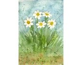 Original nature watercolor Daisy flower art painting Abstract spring nursery decor Green Blue White