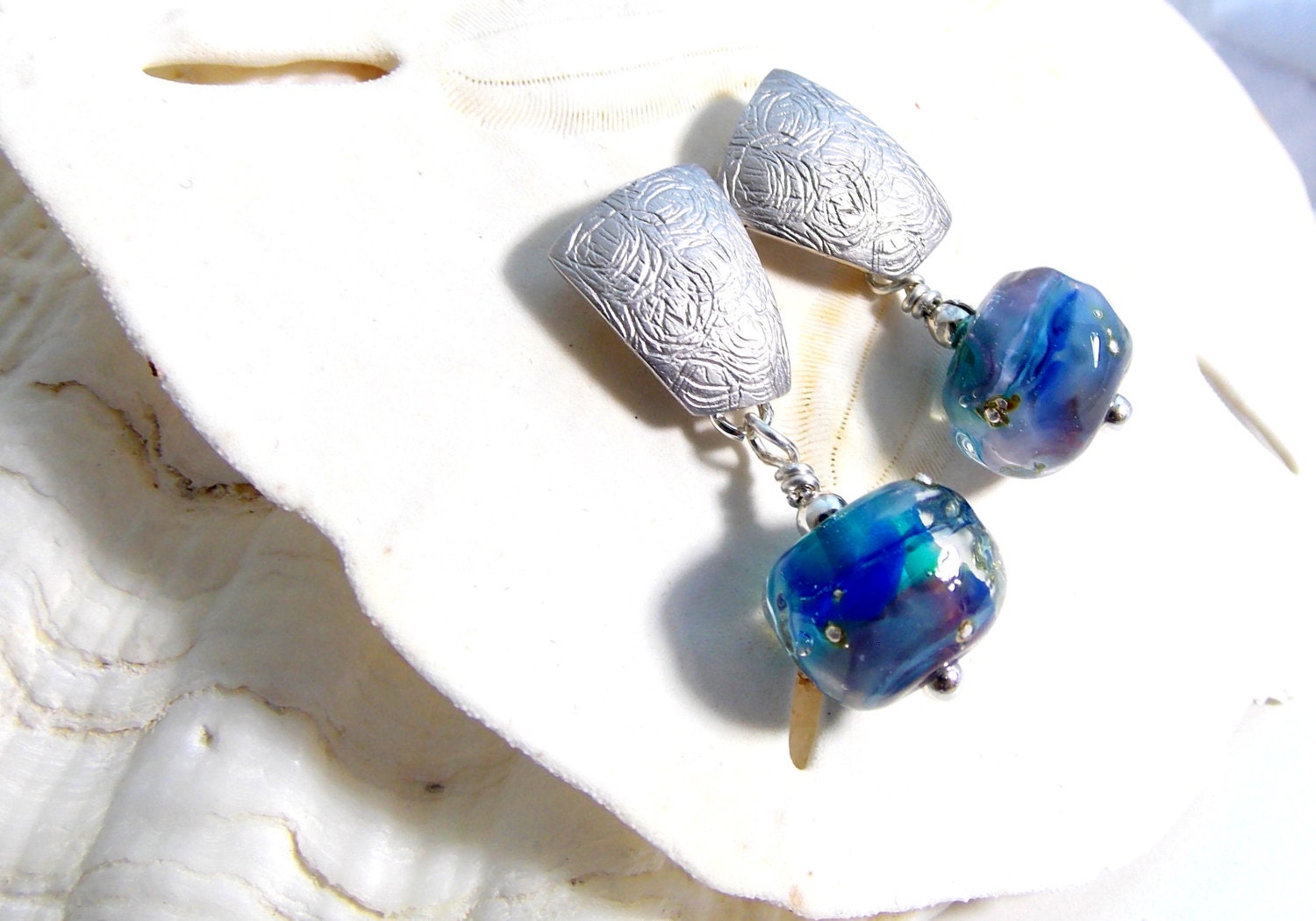 Aqua Blue Organic Lampwork Bead Avant Garde Drop Earrings