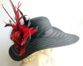 Wide Brim Black Hat, Black and Red Hat, Kentucky Derby Hat, Garden Party Hat or Victorian Tea Party