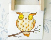 Mini original watercolor painting: cute owl 4 - 3.9" x 3.9" - FREE SHIPPING