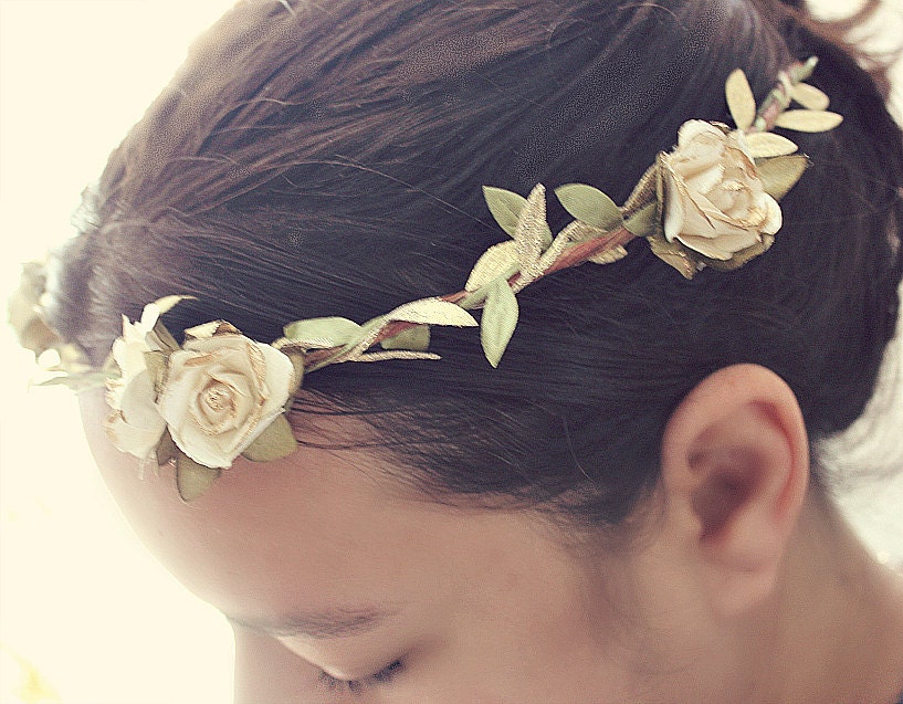 White Gold Rose Floral Crown, Flower Crown. Woodland, Paper Flowers, Spring, Hair Wreath, Bridal, Hair Accessories, Floral