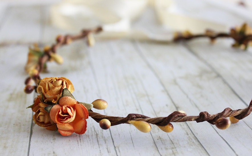Rustic Roses Flowers hair wreath. Yellow. Tangerine. Paper Flowers. Bohemian. Woodland. Rustic Wedding. Wedding Tiara, Spring Wedding