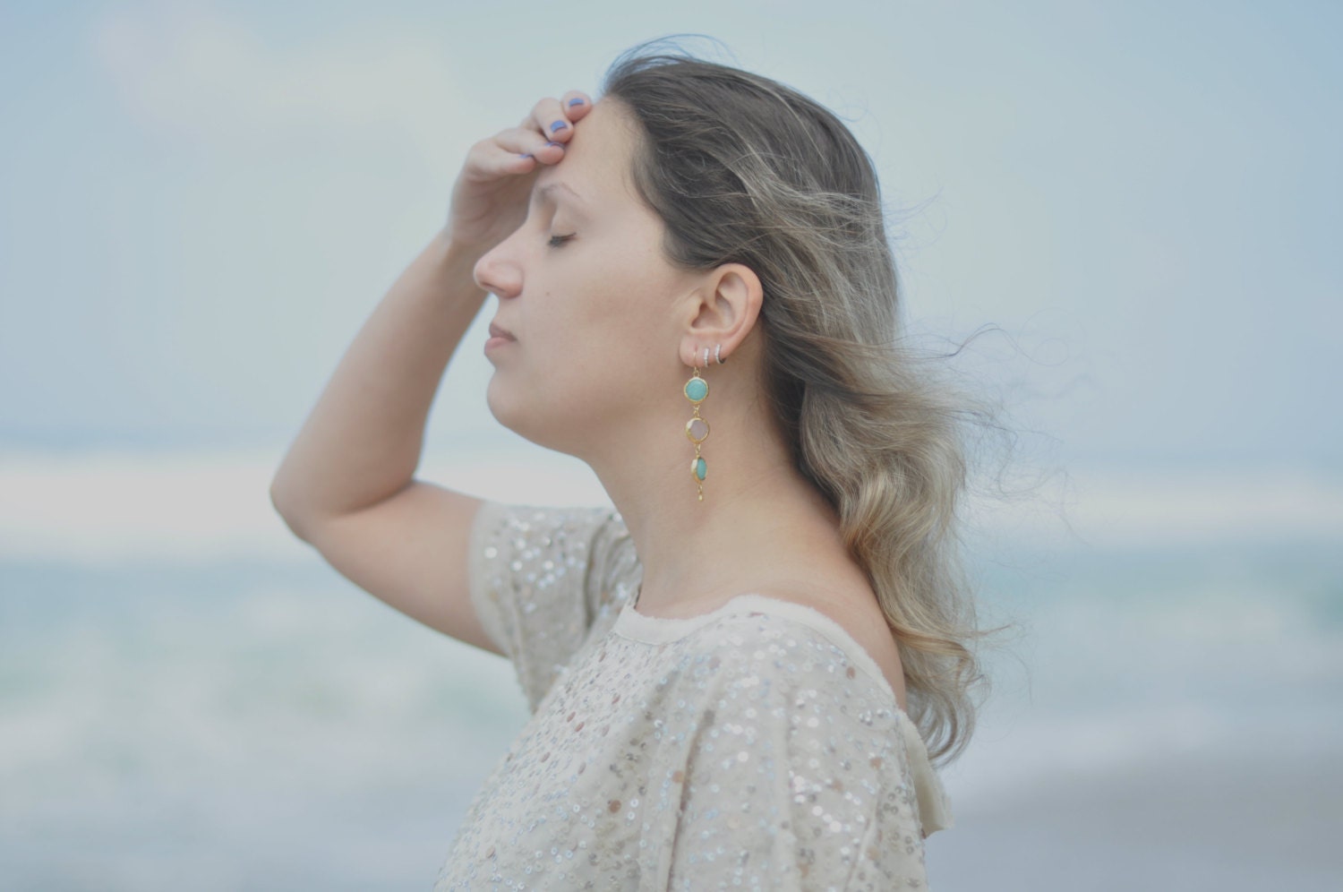 bridal wedding pastel Dangle Earrings bridal wedding jewelry simple,long light  rose quartz  sky sea blue jade gemstone earrings Israel