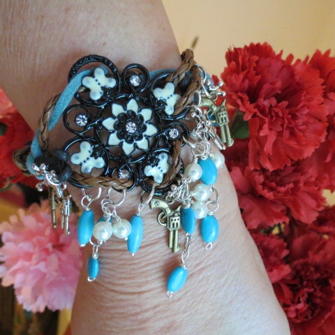 Cowgirls Rock Charm Bracelet, Guns, Western Jewelry, Turquoise, & Pearls, Country Chic Charm Bracelet