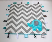 Personalized Aqua Blue Grey Chevron taggie blanket - Baby tag Lovey Security Sensory Ribbon Stroller Travel Minky