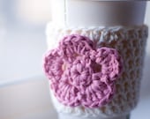 Crochet Coffee Cozy - Cream with Pink Flower