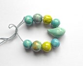 RESERVED FOR SONGBEAD....Handmade Ceramic Bead Set  with Blue Bird Lime Turquoise Sky