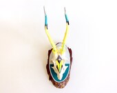 TURQUOISE & NEON YELLOW, teal, grey geometric triangle arrow aztec painted modern taxidermy mounted deer skull antlers bright art decor