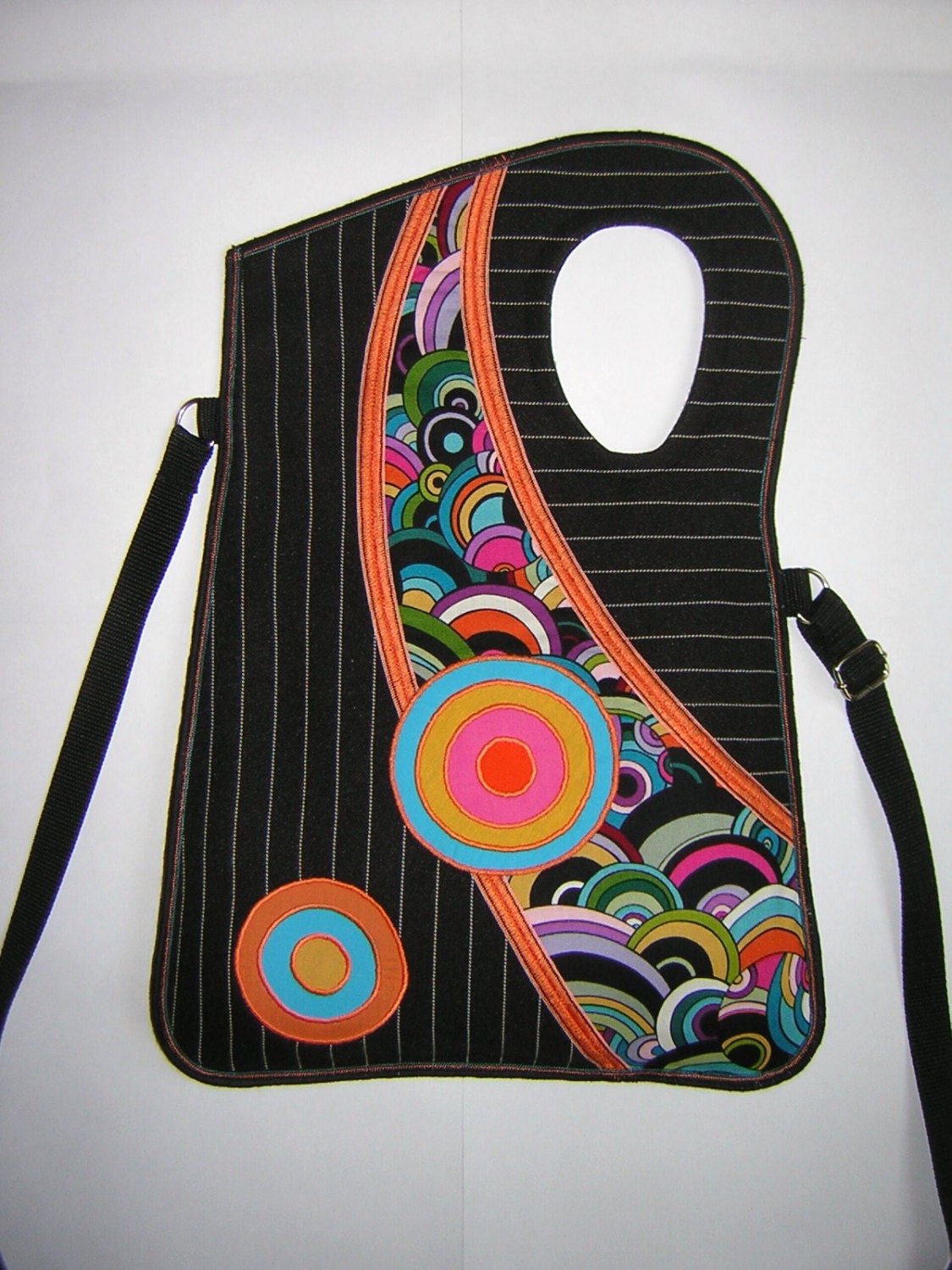 2in1 Sling Bag MEDIUM BAG -cross body bag - travel tote wallet purse- hip bag haversack mixed fabrics in Black-Orange-Rainbow with circles