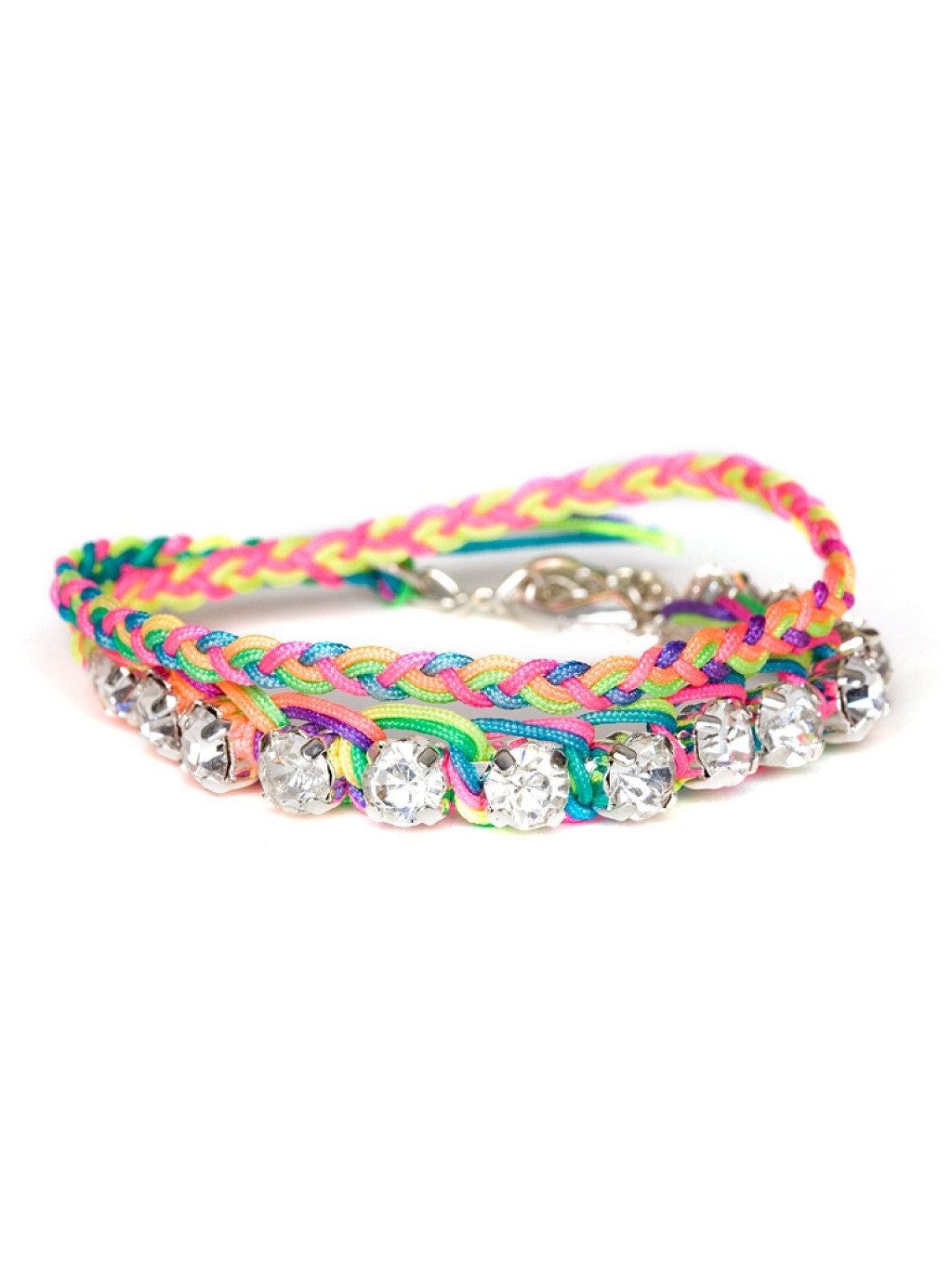 Rainbow Neon Double Wrap Braided Cord Crystal Friendship Bracelet