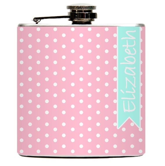 Polka Dot Custom Personalized Name Liquor Drinking Flask 6oz. Ribbon Color Choice Birthday Wedding Bachelorette Gifts
