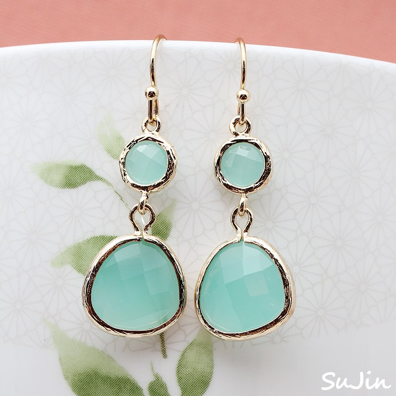Mint CZ Round Connector, Mint CZ Droplet, Gold plated Earring