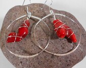 Celebrity, long dangle hoops, modern red coral, bohemian funky, minimalist, organic edgy, modern earrings, spartan earrings (EAR306)