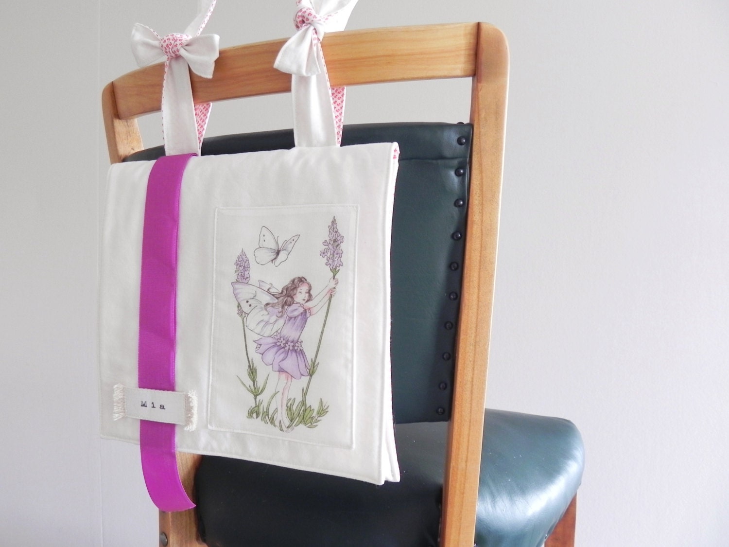 Personalized FLOWER GIRL Chair Sign - Chair Backer - Gift, Tote, Messenger Bag - Wedding Decor, Accessories - Flower Fairy PURPLE Butterfly
