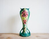 RESERVED //  Art Nouveau decorative vase // teal and pink // french country home decor// antique 1900's
