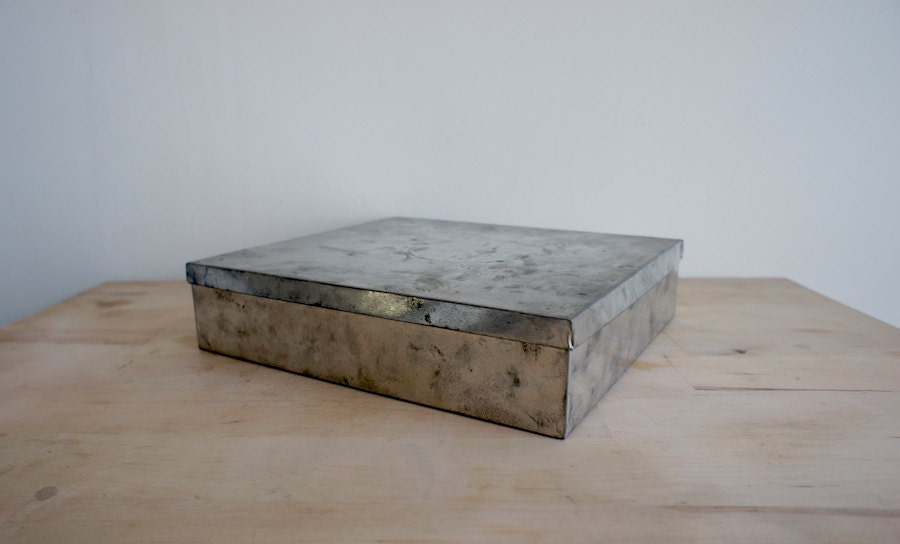 Vintage French Cookie Tin // Metalic Silver Tin // Promotional // grey gray // Industrial decor // french country // rustic farmhouse