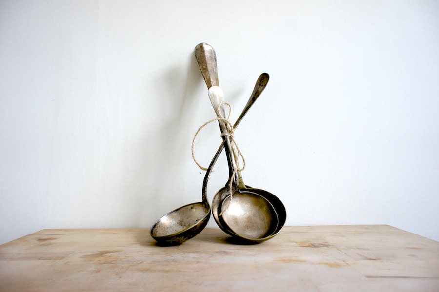 Vintage French Soup Ladles // Set of 5 // Silver Plated Antiques // Farmhouse Country Kitchen Decor // Metallic Silver Rustic