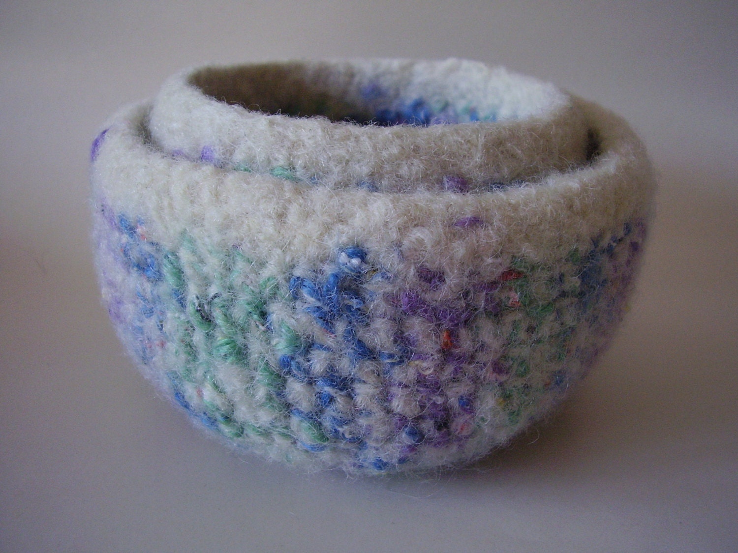 felted wool bowls set of 2 nesting green lavender blue pink cream mix