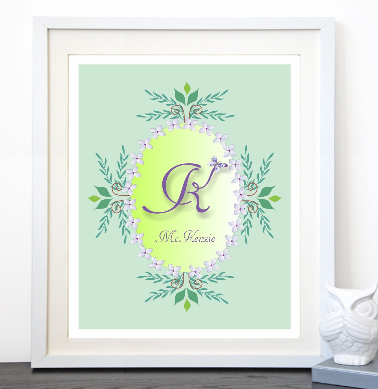 Monogram Name Print / Violets Vines Butterfly Monogram Poster / Nursery Print