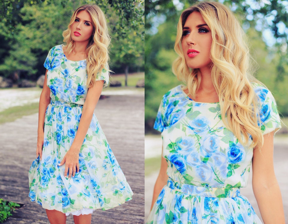 Vintage 50's Blue Rose Floral Chiffon Garden Dress