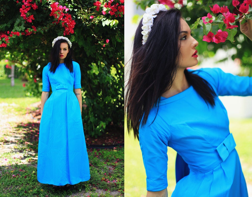 1960s Bright Blue Mod Chiffon Formal Dress