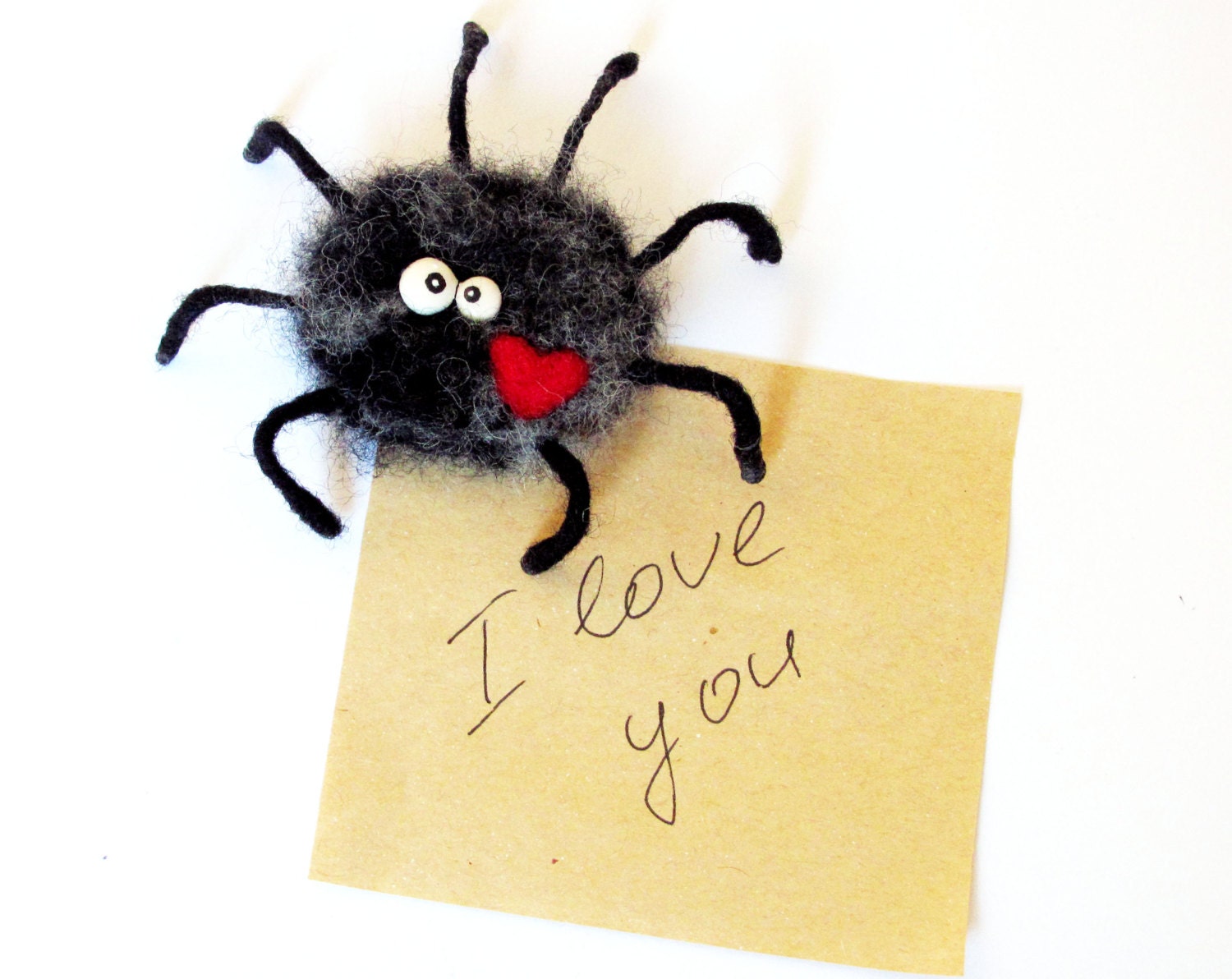 Spider Magnet. Needle felted toy. Black Red Heart Gift for couple. Home decor gift under 25