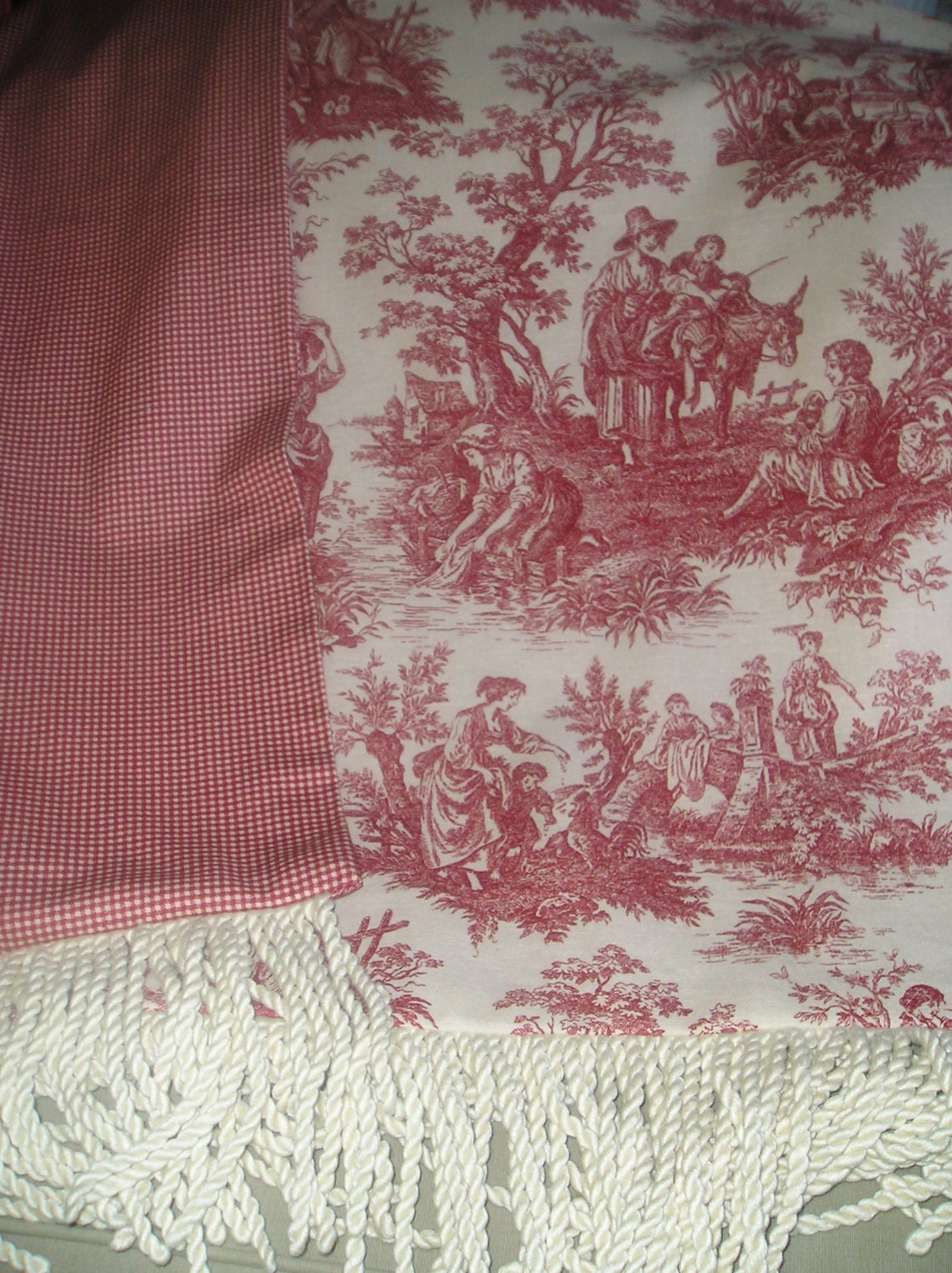 French Country Toile Throw Blanket in Red and Off by AlexsAttic