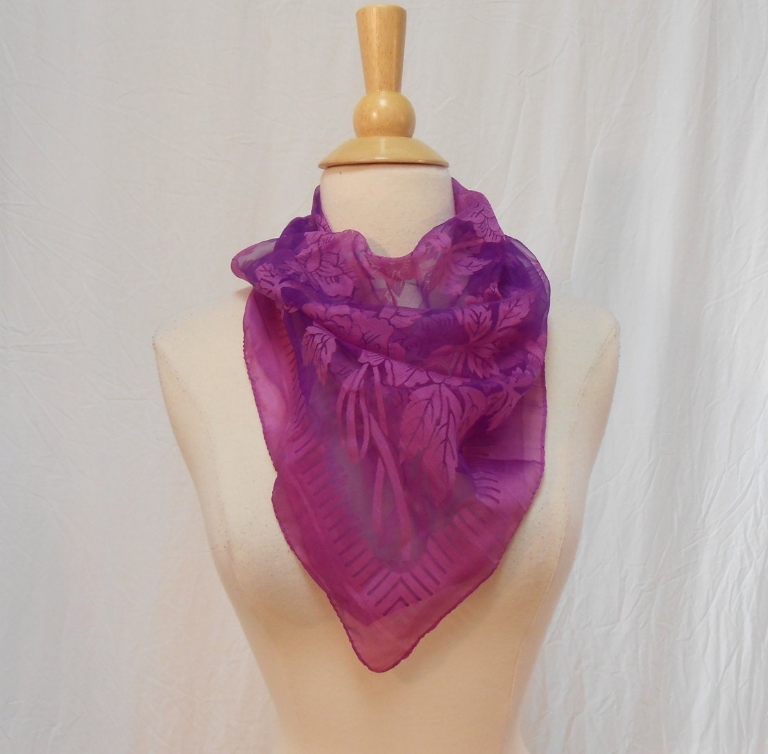 Sheer Violet Purple Rose Print Chiffon Scarf / Square Scarf 24 x 24"