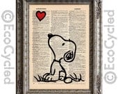 Snoopy Heart on Vintage Upcycled Dictionary Page Book Art Print Recycled