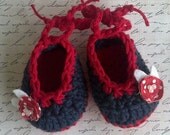 Ballet Girl Shoes - Crochet Booties with Mod Fabric Flower - Patriotic Red and Navy Blue -  Newborn - 6 months