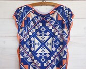 Electric blue Tunic top ethnic style, tshirt tribal printed design, reversible side, short batwing sleeves