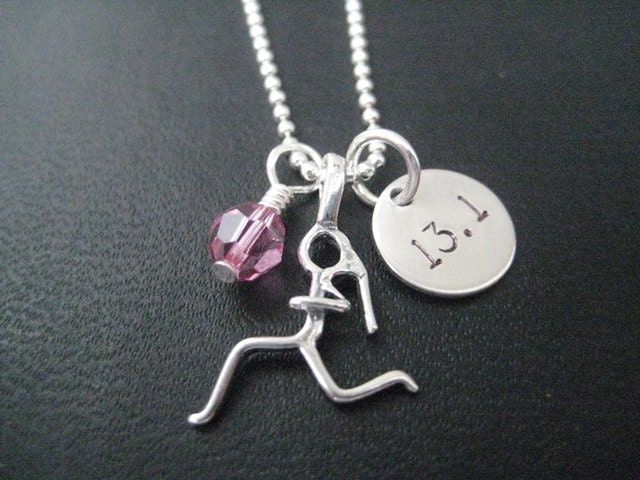 GIRLS LOVE to RUN 13.1 - 18 inch Sterling Silver Half Marathon Running Necklace on 18 inch - Choose Heart or Crystal