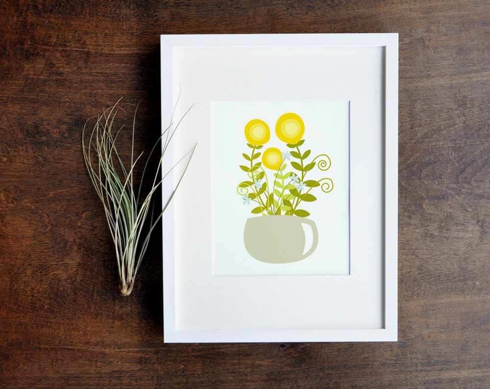 Floral Illustration - Green, Yellow, and Soft Blue Botanical Art Print - 8x10