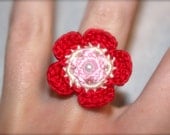 Crochet Flower Ring, Valentine's Pink and Red
