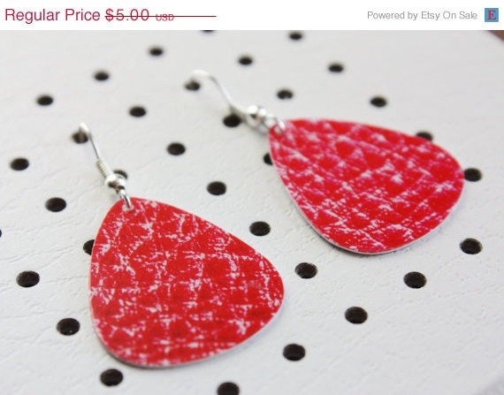 ON SALE Guitar Pick Earrings Handmade Upcycled Gift Card RED Leather Print Eco-Friendly Jewelry