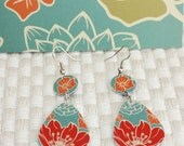ON SALE Guitar Pick Earrings Handmade From Upcycled Gift Card Red HIBISCUS Flower Orange Blue Eco-Friendly Jewelry
